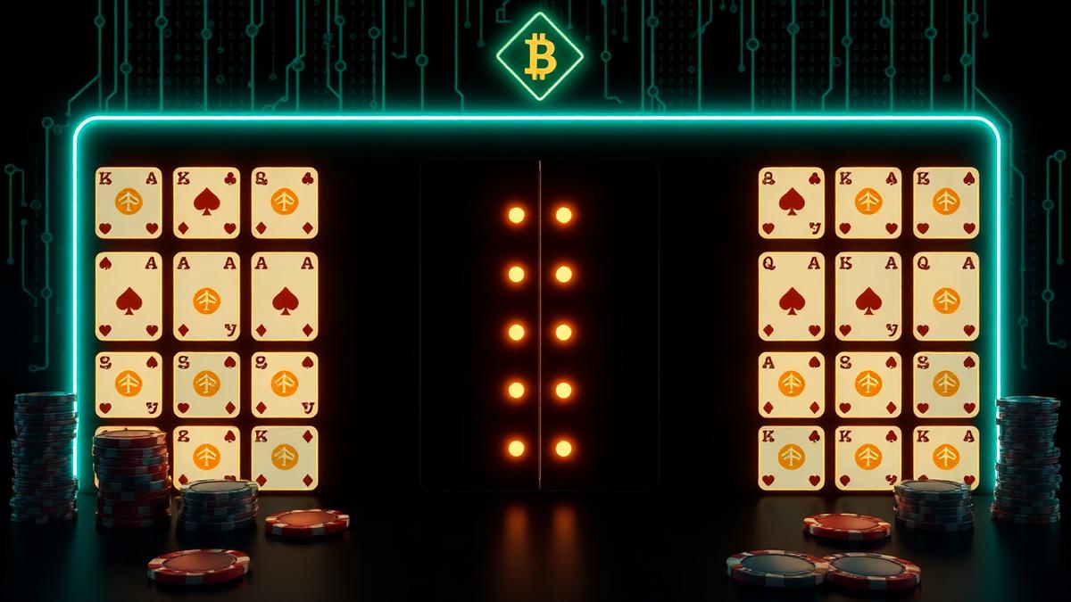 Grid of glowing crypto casino cards and chips forming a comparison board