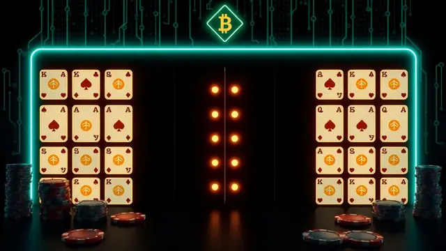 Grid of glowing crypto casino cards and chips forming a comparison board