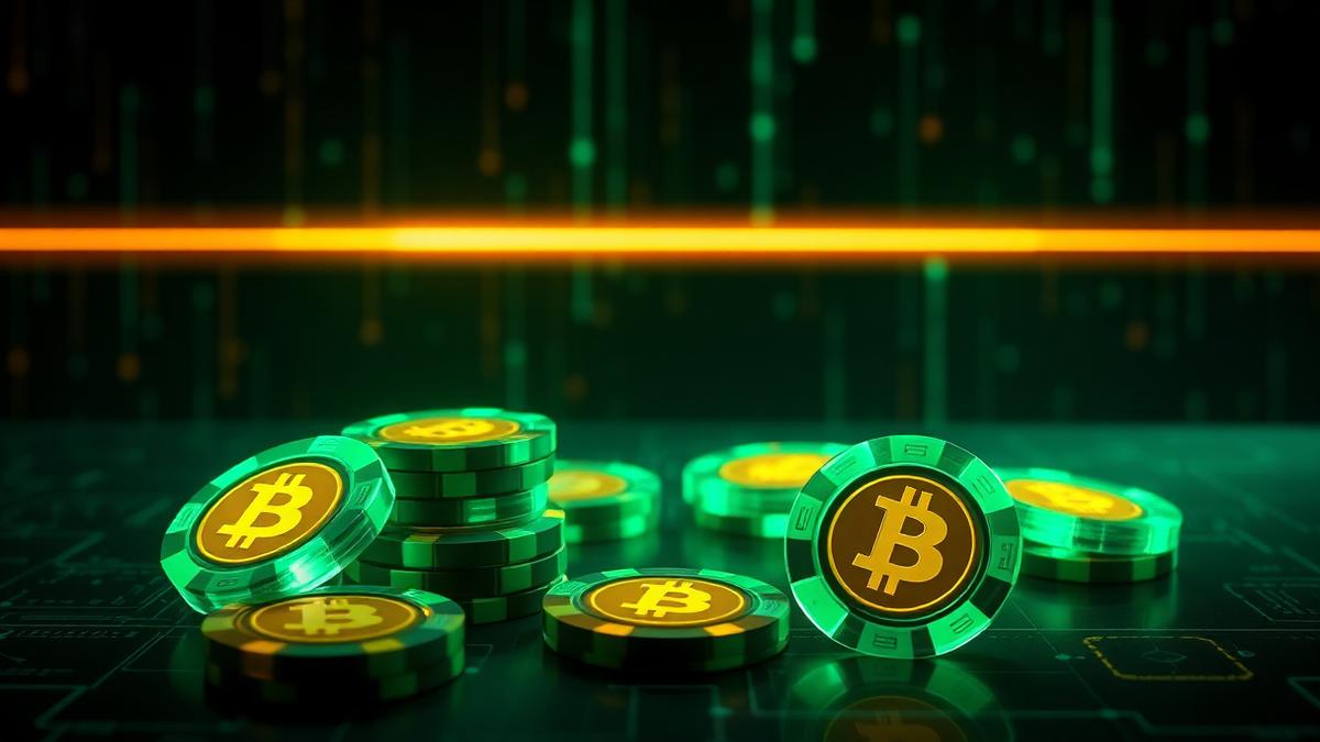 Neon green and gold bitcoin casino chips on a glowing blockchain grid