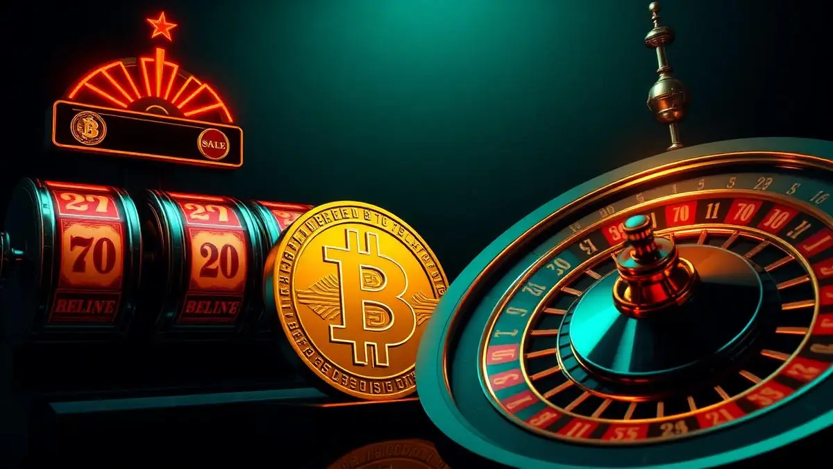 Golden bitcoin coin between neon slot reels and a roulette wheel