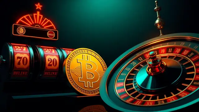 Golden bitcoin coin between neon slot reels and a roulette wheel