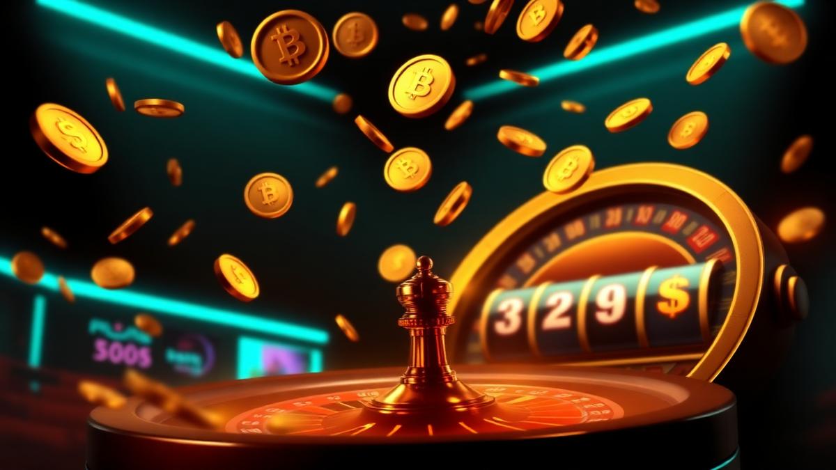 Golden bitcoin coins falling over a neon roulette wheel and slot reels