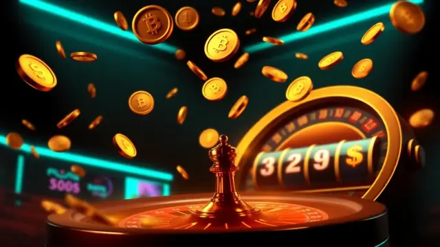 Golden bitcoin coins falling over a neon roulette wheel and slot reels