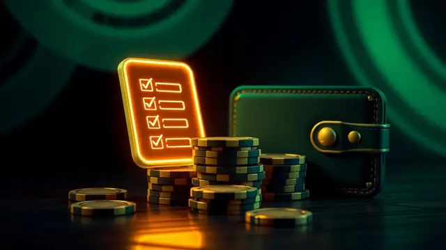 Glowing checklist beside stacked casino chips and a crypto wallet