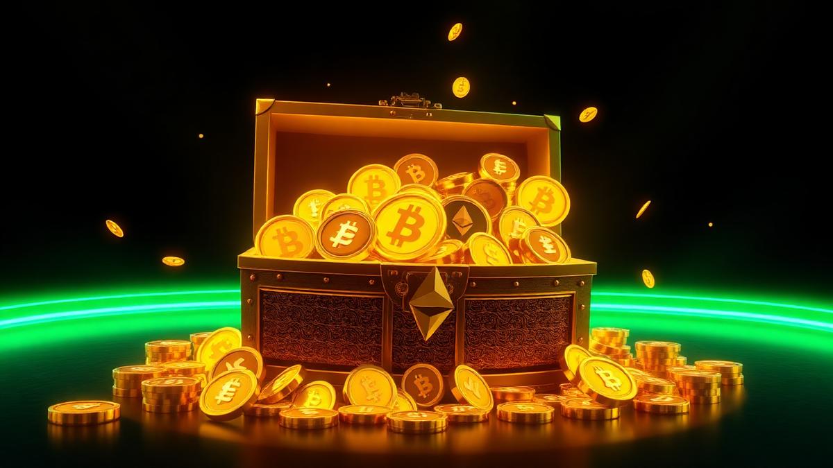 Glowing treasure chest overflowing with bitcoin, ethereum and usdt coins