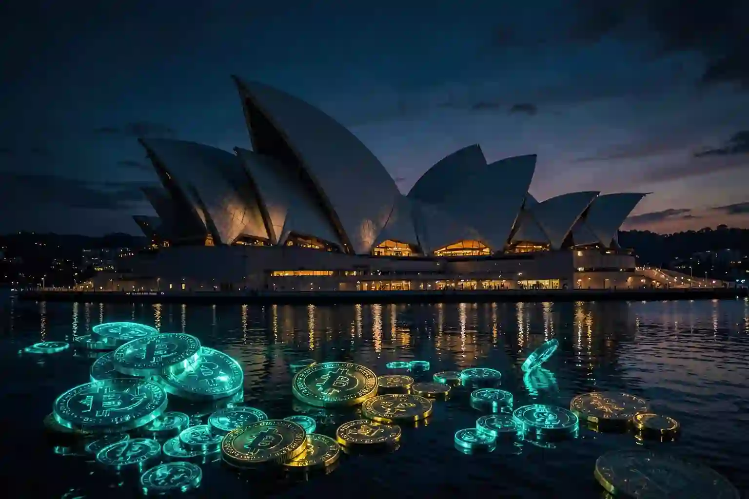 Sydney Opera House at dusk with teal and gold glowing crypto coins floating on the harbour water
