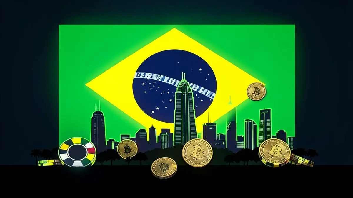 Bitcoin coins and casino chips in green and yellow neon in front of a Brazilian skyline