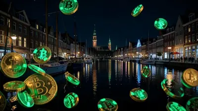 Copenhagen harbour at night with glowing green and gold bitcoin coins and casino chips