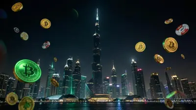 Dubai skyline at night with glowing green and gold bitcoin coins and casino chips