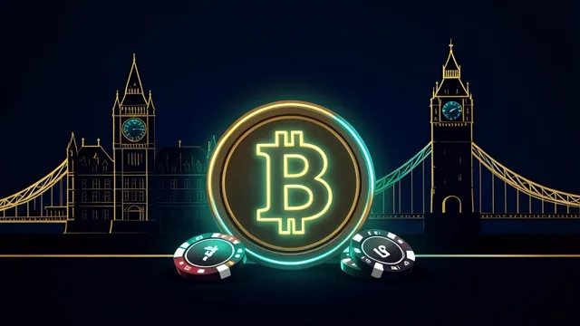Neon gold bitcoin coin and casino chips in front of a London skyline with Big Ben and Tower Bridge