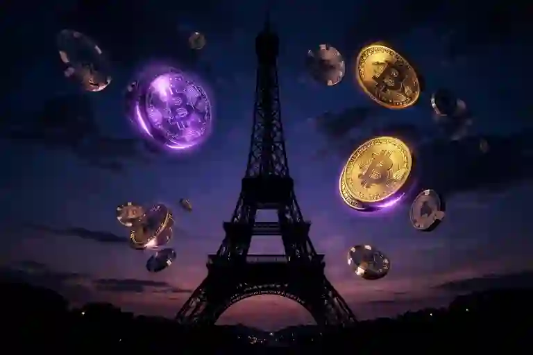 Eiffel Tower silhouette at dusk with glowing purple and gold bitcoin coins and casino chips in the sky