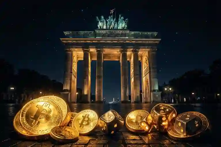 Brandenburg Gate at night with glowing golden bitcoin coins and dice in the foreground