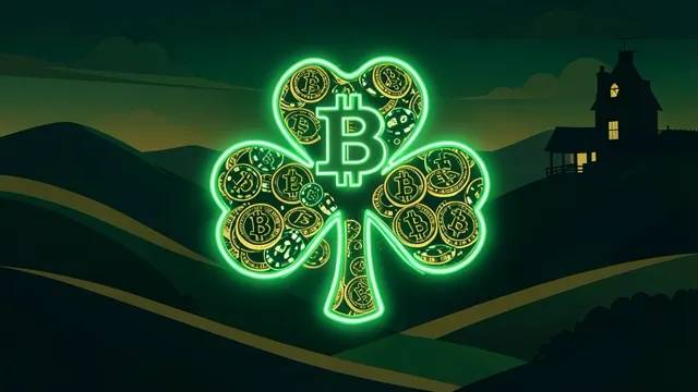 Neon green shamrock made of bitcoin coins and casino chips over Irish hills at dusk