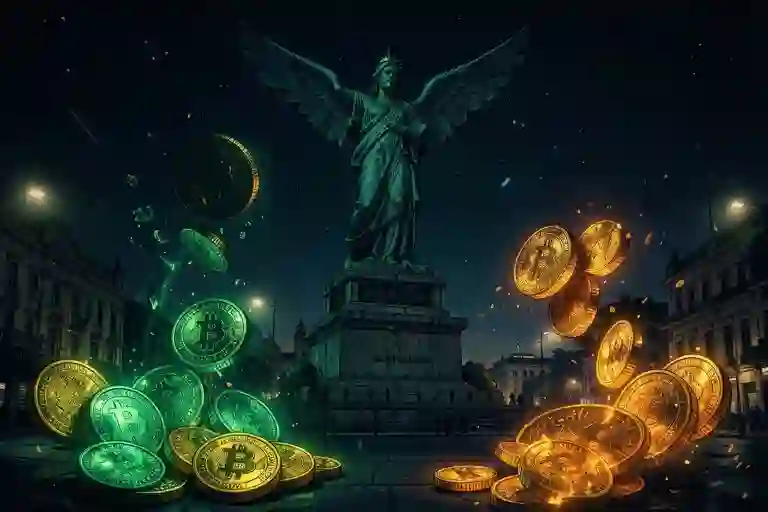 Mexico City monument at night with vibrant green and gold glowing bitcoin coins and casino chips
