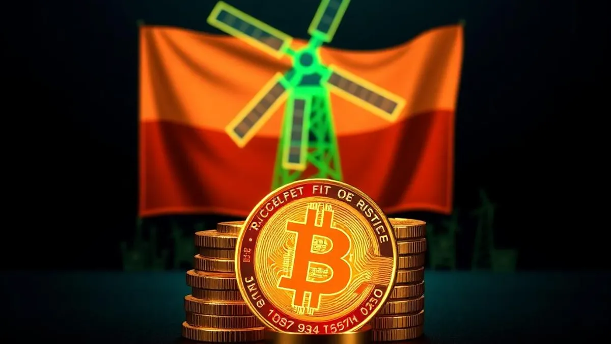 Gouden bitcoin munt op een stapel chips voor een Nederlandse vlag met neon windmolen