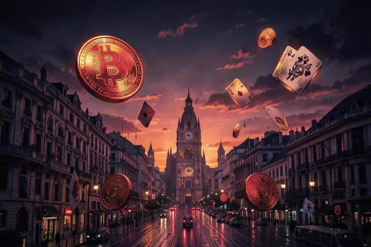 Madrid boulevard at sunset with warm red and gold bitcoin coins and playing cards floating above the street