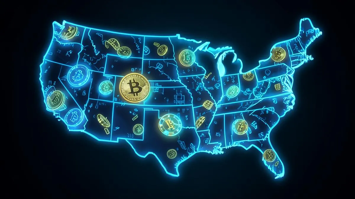 Glowing blue map of the United States with state borders, bitcoin coins and casino chips