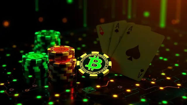 Neon bitcoin casino chips and playing cards on a glowing blockchain grid