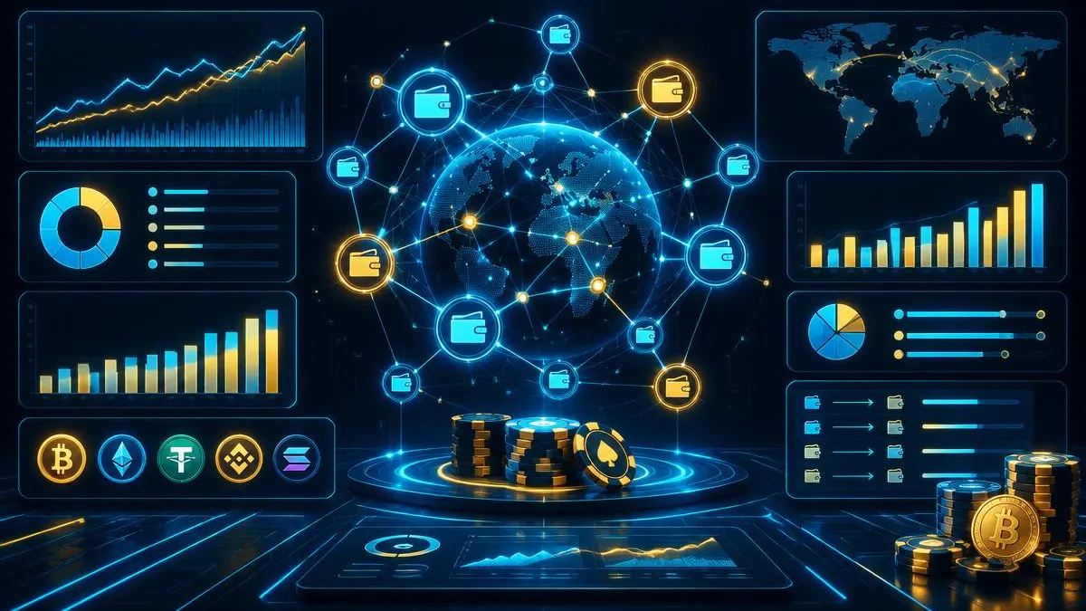 Illustration of a glowing blockchain analytics dashboard with wallet nodes, casino chips and deposit charts