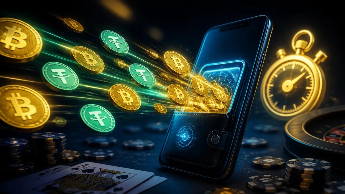 Gold bitcoin and Tether coins streaming at speed into a mobile crypto wallet beside a glowing stopwatch