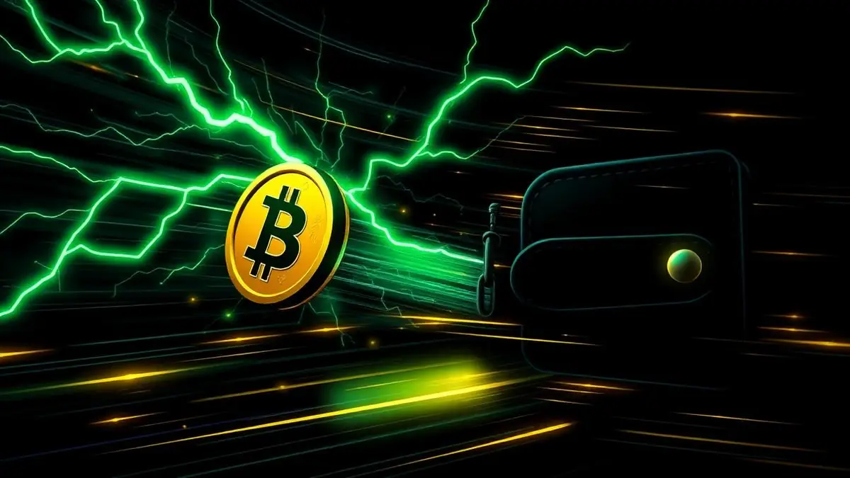 Bitcoin coin streaking into a digital wallet on a bolt of green lightning