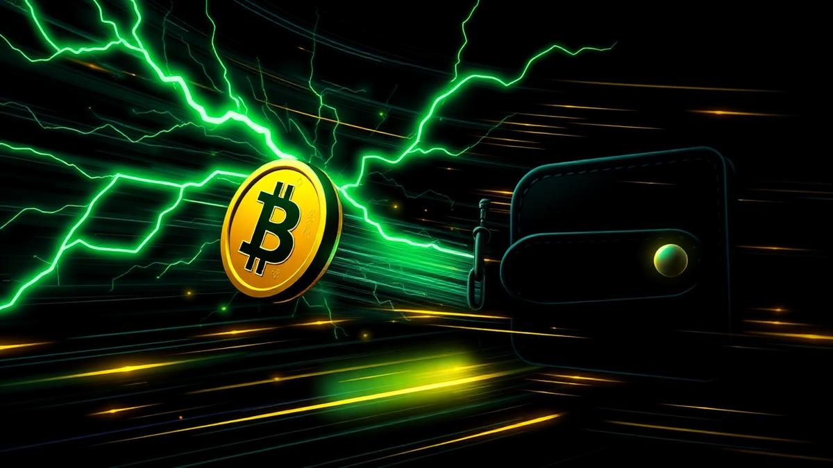 Bitcoin coin streaking into a digital wallet on a bolt of green lightning
