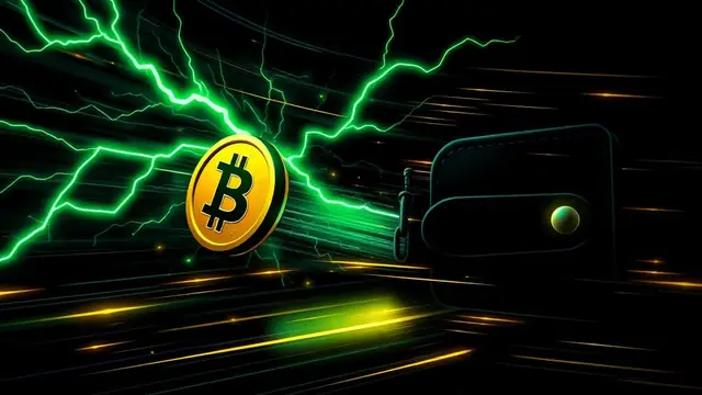 Bitcoin coin streaking into a digital wallet on a bolt of green lightning