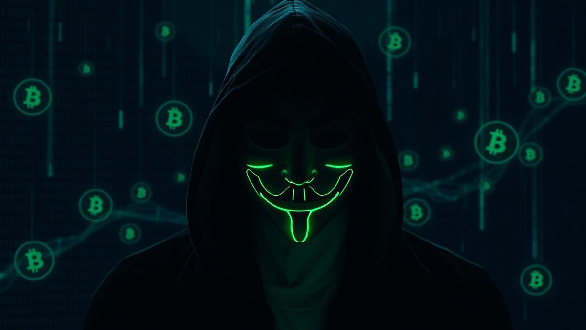 Anonymous hooded figure with a neon mask surrounded by glowing bitcoin symbols