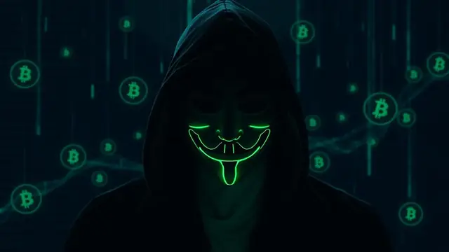Anonymous hooded figure with a neon mask surrounded by glowing bitcoin symbols
