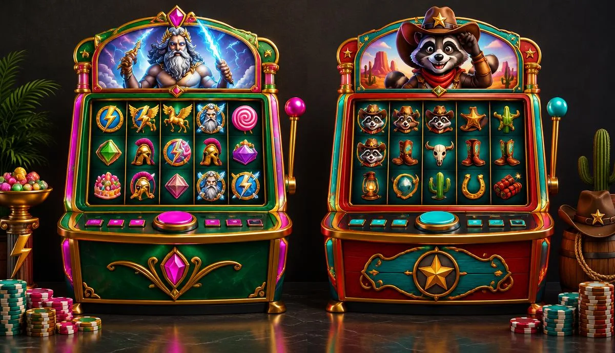 Original illustration of candy and mythology themed slots beside a raccoon and western themed slot machine