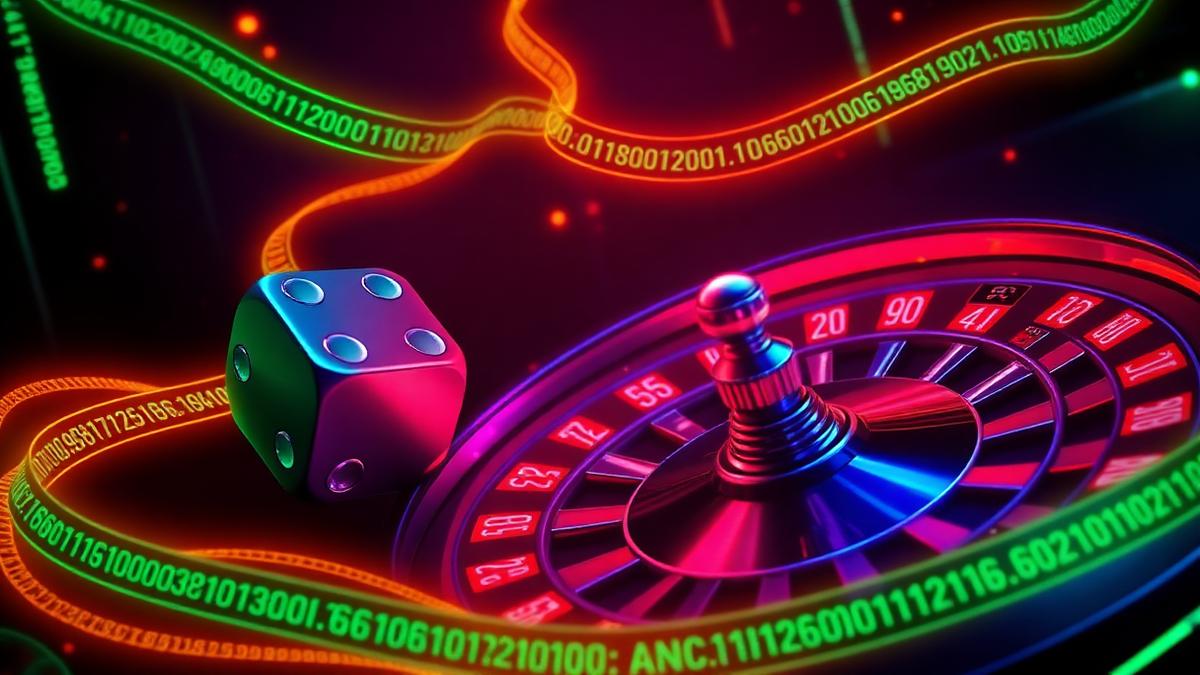 Neon dice and roulette wheel wrapped in glowing cryptographic hash strings
