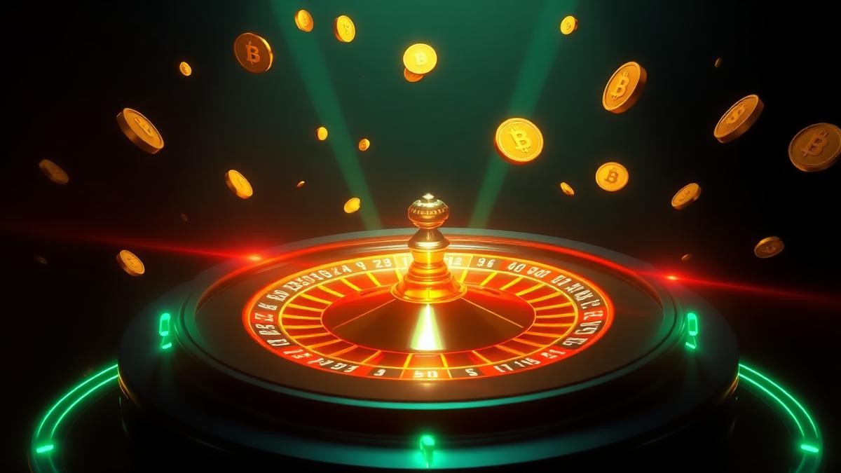 Neon roulette wheel splitting into alternative paths with floating crypto coins