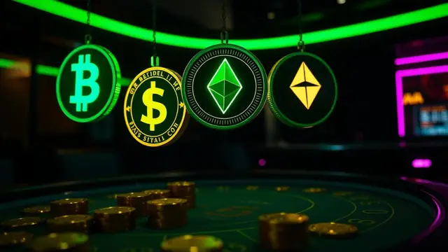 Glowing stablecoin, Ethereum and Solana tokens above a crypto casino table