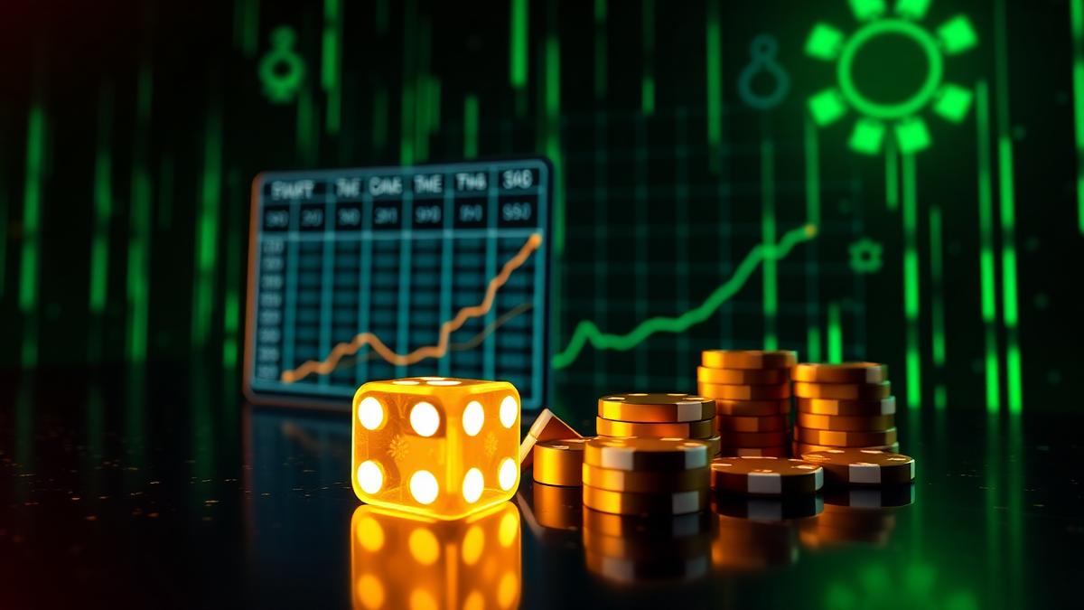 Glowing gold dice and crypto casino chips in front of a neon crash game chart