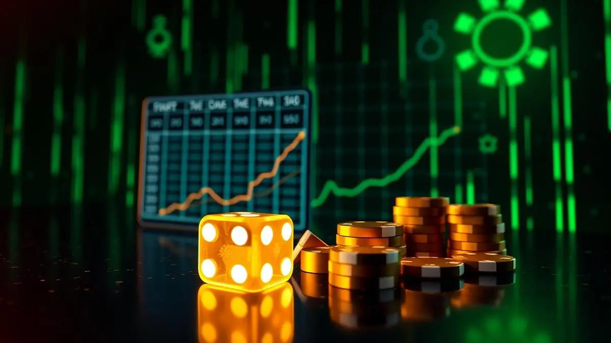 Glowing gold dice and crypto casino chips in front of a neon crash game chart