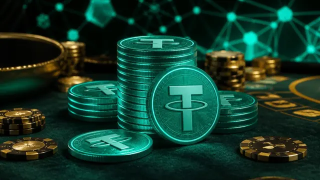 Stacks of glowing teal Tether USDT tokens beside gold casino chips on a dark felt table