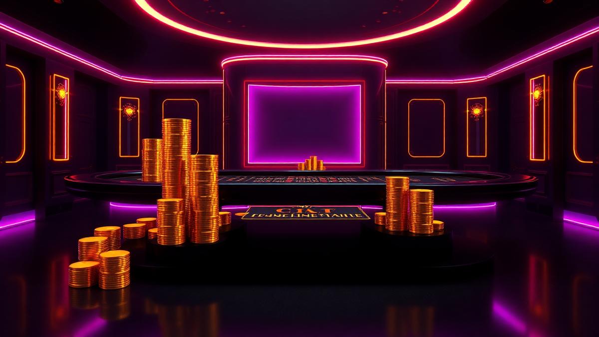 Luxury VIP crypto casino table with tall stacks of gold chips under purple neon light