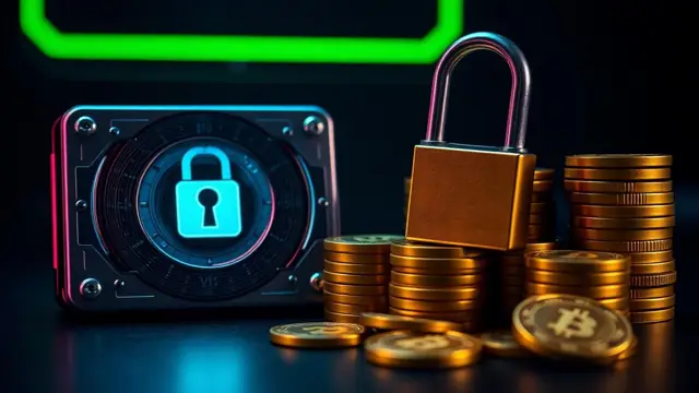 Hardware wallet and gold casino chips behind a glowing padlock